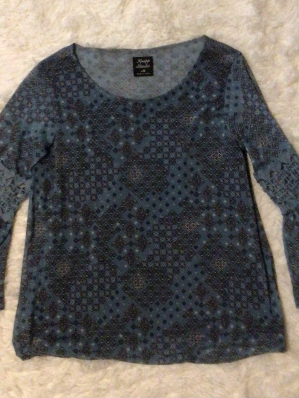 Avenue Blue Patterned Scoop Neck Long Sleeve Top